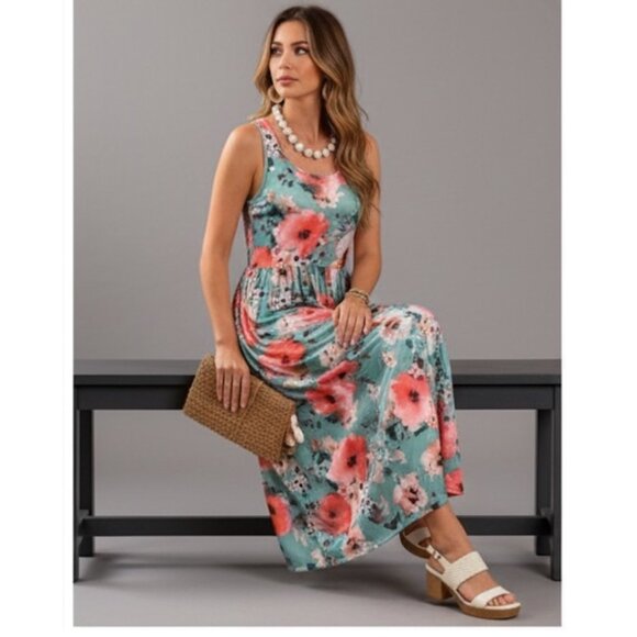 Blue Boho Floral Print Hidden Pocket Dress - Picture 3 of 8